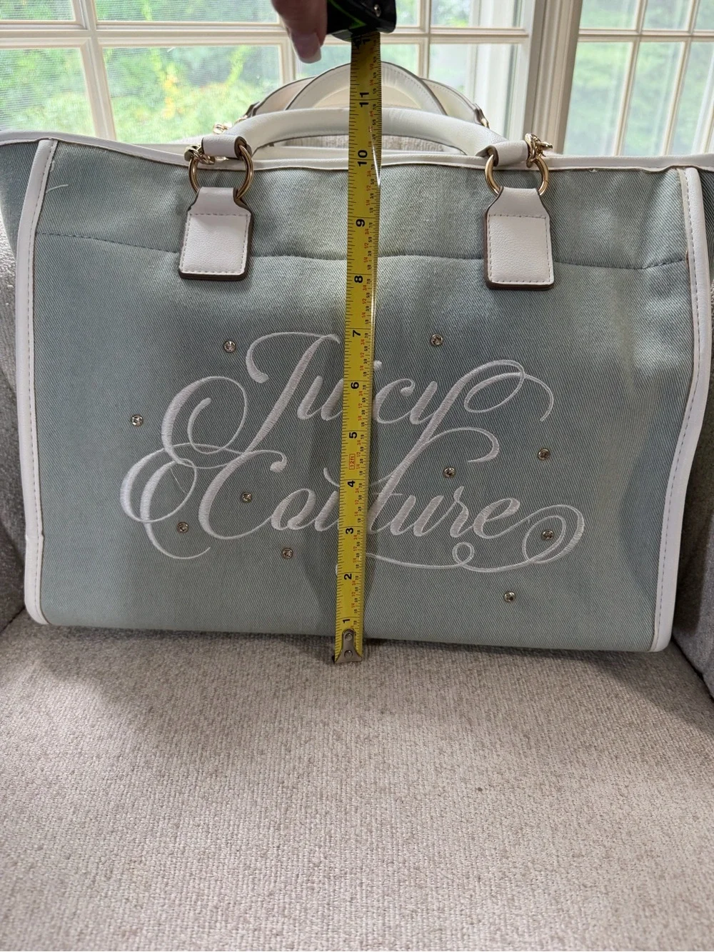 Juicy Couture Light Blue Jean Tote with White Trim and Crystal Accents